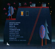 Texte: "Beginner Swimmer", "Blue Moon", "Bella", "Dusty Eyes", "Terrified", "Point Nemo", "Shadow Play", "Un Café Solo", "Wenn Da Nächste Wind", "Garlic", "Eleven Kinds of Loneliness". Eine Illustration mit einem blauen Backsteingebäude, einer Leiter, Bäumen und Wolken.