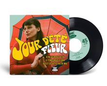 "JOUR D’ÉTÉ FLEUR" in gelber Schrift, Frau mit rot-gemustertem Hintergrund und Schallplatte mit Trackliste daneben.