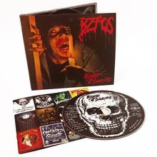 CD-Cover und CD mit rotem Text "Blood Suckers", Album und Illustrationen von gruseligen Gesichtern und einem Totenkopf.