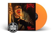 Text: "LIMITED CUT OUT EDITION", "BIZCOS", "BLOOD IS FOR SUCKERS". Gemälde eines Mannes mit Kerze, blutiger Mund. Orangefarbene Schallplatte.