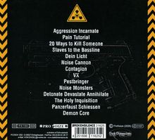 Warnsymbol für Radioaktivität, Liedtitel wie "Aggression Incarnate", "Pain Tutorial". Hintergrund zeigt eine schematische Pistolenzeichnung.