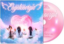 „Love, Hate & Engelenergie“ in verschnörkelter Schrift, drei Frauen mit Engelsflügeln vor einem rosa Herz aus Licht.