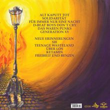 Texte: ALT KAPUTT TOT, SOLIDARITÄT, FÜR IMMER NUR EINE NACHT, D-BEAT BOYS DON’T CRY, DAS WAREN PUNKS, GENERATION XY. Illustration: Ein Mann sitzt erschöpft unter einer Straßenlaterne.