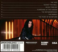 Texte: 1. The Void, 2. Against the Wall, 3. Music Forever, 4. Guardians of the Garden, 5. The Metamorphosis, 6. This World, 7. The Point of No Return. Darunter eine Frau mit langen, dunklen Haaren vor leuchtend orangefarbenem Hintergrund. Unten Logobenennungen: Brokensilence, Fatbanshee Records, Random Musik, OSA.