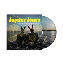 "Jupiter Jones", "Ich trag den Sarg, Du trägst was Buntes". Illustration: Zwei Hasenfiguren, Luftballons, Wasser, Sarkophag.