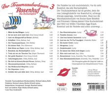 "Der Traumzauberbaum 3: Rosenhuf - Das Hochzeitspferd" beinhaltet Liedtitel mit Zeiten, darunter "Hörst du das Klingen" (1:01) und "Remmidemmi" (0:47). Illustrationen von einem prächtigen Pferd und einem Wikingerboot ergänzen den Text.