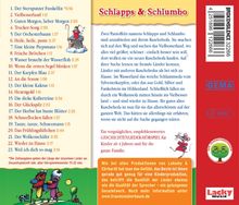 "Schlapps & Schlumbo" ist ein Geschichtenlieder-Hörspiel für Kinder ab 4 Jahren. Enthält 23 Titel wie "Der Sternputzer Funkelfix". Links bunte Illustration von zwei fröhlichen Figuren.