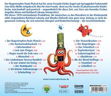 Auf blauem Hintergrund sind Liedtitel und Spielzeiten aufgelistet. Daneben ist eine lustige Illustration mit einem Regenschirm und einem Tintenfisch.