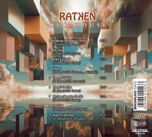 Das Bild zeigt Titelliste und Zeiten eines Albums namens "OUR HOUSE" von "RATKEN", vor abstrakten Wolken und Würfeln.