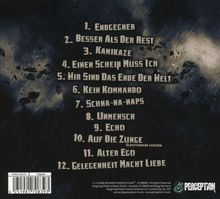 Trackliste auf dunklem Hintergrund: 1. Endgegner, 2. Besser Als Der Rest, 3. Kamikaze, bis 12. Gelegenheit Macht Liebe. Logo unten rechts.