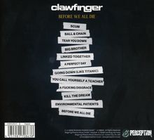 Texte: "clawfinger", "BEFORE WE ALL DIE". Songtitel in weißen Streifen auf schwarzem Hintergrund. Logo unten rechts.