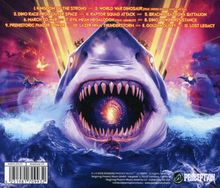 Titelliste von 1 bis 12. Großes Hai-Maul im Meer, fliegende Dinosaurier. Logo unten rechts.