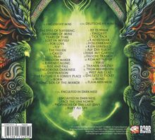 Texte: ENGLISH HYMNS, DEUTSCHE HYMEN, ENGULFED IN DARKNESS. Hintergrund: Drachen-Illustrationen in Grün und Rot.