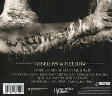 "Rauhbein" tätowiert, darunter Albumtitel "REBBELLEN & HELDEN" mit Liedernummern und Titeln. Hände halten einen Arm.