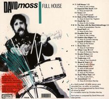 Titel: "David Moss Full House". Trackliste mit Längen und Künstlern, darunter "Full House", "Impound This Touch", "Tunes". Schwarz-weiß-Foto eines Mannes mit Gitarre und Schlagzeug.