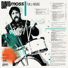 DAVID MOSS, FULL HOUSE. Links schwarz-weiße Person mit Drums, farbige Spritzer links unten und Neonstreifen.