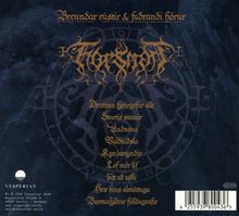 Brenndar rústir & fuðrandi forur. Mystisches Logo über einem dunklen, strukturierten Hintergrund.