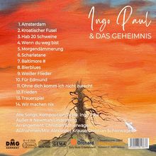 Ingo Paul & Das Geheimnis. Songliste: 1. Amsterdam, 14. Wir machen nix. Hintergrund: Baum vor orange-rotem Himmel.