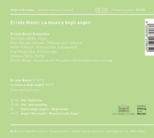 "Ercole Nisini: La musica degli angeli," Ensemble Details, Titel der Musikstücke. Grüner Hintergrund, Logo unten rechts.