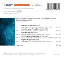 "DEUTSCHER MUSIKWETTBEWERB · 2025 AWARD WINNER: Benjamin Günst, Violin, Martin Klett, Piano. Stücke von Enescu, Biber, Bartók, Mozart, Ysaÿe. Gesamtzeit: 73'16." Links blaues abstraktes Design.