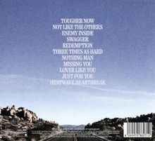 Songtitel in Weiß vor blauem Himmel: “TOUGHER NOW”, “NOT LIKE THE OTHERS” bis “HEATWAVE HEARTBREAK”. Unten Felsenlandschaft.