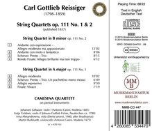 Carl Gottlieb Reissiger (1798-1859): Streichquartette op.111 Nr.1 &amp; 2, CD