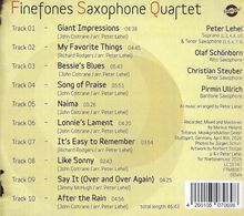 "Finefones Saxophone Quartet" oben links. Tracks 1-10 mit Titeln und Zeiten aufgelistet. Musiker und Instrumente rechts. 
