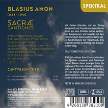 „Blasius Amon (1558-1590) Sacræ Cantiones, Spektral, Cantus München, CD 1: 47:24, CD 2: 41:34.“ Blau-gelbes Design.