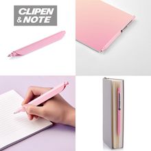 Text: "CLIPEN & NOTE." Vier Bilder eines rosa Stifts, einer davon beim Schreiben in der Hand, einer steckt in einem Buch.