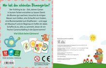 Dieses Bild ist die Verpackung eines Kartenspiels. Links: "Wer hat den schönsten Blumengarten?", Texte über Gartenarbeit. 