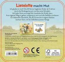 "Lieselotte macht Mut: Karten fördern Vertrauen und Selbstbewusstsein. Illustration: Kuh mit Tierfreunden; Karte: 'Es ist toll, die Welt zu entdecken!'