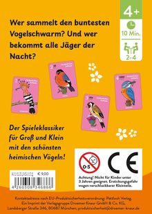 Wer sammelt den buntesten Vogelschwarm? 4+, 10 Min., 2-4 Spieler. Spielkarten mit bunten Vogelillustrationen. CE Warnhinweis.