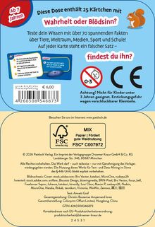 Diese Dose enthält 25 Kärtchen mit "Wahrheit oder Blödsinn?". Ab 7 Jahren. Preis 6,00 €. Enthält Erstickungsgefahr.