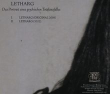 LETHARG: Das Portrait eines psychischen Totalausfalles, I. LETHARG (ORIGINAL 2005), II. LETHARG (2022). Links Text, rechts dunkles Haar.