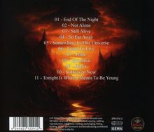 Trackliste: 1. End Of The Night, 2. Not Alone, 3. Still Alive, 4. So Far Away, 5. Somewhere In This Universe. Hintergrund zeigt flammende Landschaft.