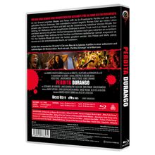"PERDITA DURANGO" steht senkrecht, rot auf schwarzem Hintergrund. Enthält eine Filmzusammenfassung und Produktionsdetails.