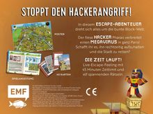 "Stoppt den Hackerangriff! In diesem Escape-Abenteuer dreht sich alles um die bunte Block-Welt. Poster, Spielanleitung, 40 Karten."