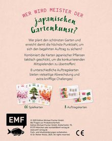 "Wer wird Meister der japanischen Gartenkunst?" Große Schrift oben. Darunter Text über Gartengestaltung und Karten. 66 Spielkarten, 8 Auftragskarten. EMF-Logo unten.