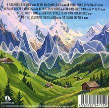 Trackliste mit elf Titeln und Längen. Illustration von Hütten, grünen Hügeln und schneebedeckten Bergen im Hintergrund.
