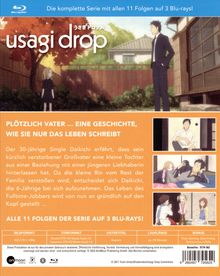 "Usagi Drop" - Eine Beschreibung der Serie, mit Text über eine unerwartete Vaterschaft. Drei animierte Szenen auf der rechten Seite.