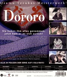 Titel: "Osamu Tezukas Meisterwerk! Dororo". 

Text: "Sie haben ihm alles genommen, jetzt holt er es sich zurück!"

Drei Bilder rechts zeigen Charaktere aus der Serie. Oben: Figur mit dunklem Haar, ernstem Blick. Mitte: Kind mit finsterem Gesicht. Unten: Lächelnde Figuren mit Tierpelz. 

Unten: "ALLE 24 FOLGEN DER SERIE AUF 4 BLU-RAYS!" 

Technische Details zur Veröffentlichung.