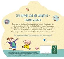 Text: "Gute Freunde sind wie Fabelwesen - einfach magisch!" Illustration: Kinder mit einem Fabelwesen.
