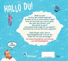 "HALLÖ DU! Weißt du was? Ich find dich einfach fabelhaft!" Fröhliche Einhorn-Illustration auf blauem Hintergrund.