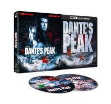 "Dante's Peak" 4K Ultra HD. Oben: Schauspielernamen. 
Cover: Vulkanausbruch, zwei Personen. Zwei DVDs unten.