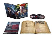 Illustration und DVDs: Clown. Dunkle, gruselige Bilder eines Mannes und eines Clowns. Buch mit Text und Zeichnungen.