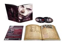 Text: "Clown", "A film by Jon Watts", "Eli Roth", "18". DVD-Hülle und Booklet. Nahaufnahme von einem Gesicht mit weißer Schminke.