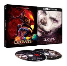 Text: "CLOWN. A FILM BY JON WATTS. FROM MASTER OF TERROR ELI ROTH." Gruseliges Clown-Bild mit einem und Comic-Stil und 4K Blu-ray Disks.