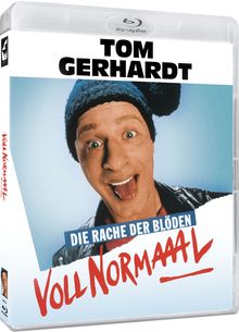 "Tom Gerhardt", "Die Rache der Blöden", "Voll Normaaal". Ein lachender Mann mit blauer Mütze; Blu-ray Cover.
