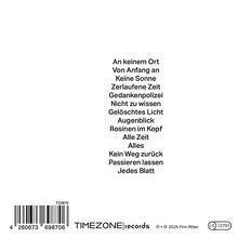An keinem Ort, Von Anfang an, Keine Sonne, Zerlaufene Zeit, Gedankenpolizei, TIMEZONE records Logo. Strichcode.
