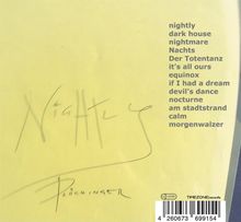 Texte: nightly, dark house, nightmare, Nachts, Der Totentanz, it’s all ours, equinox, if I had a dream, devil’s dance. Gelber Hintergrund, Unterschrift unten.